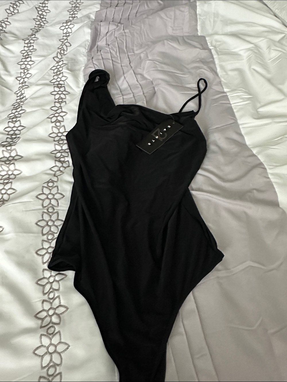 Black One-Shoulder Bodysuit with Spaghetti Strap